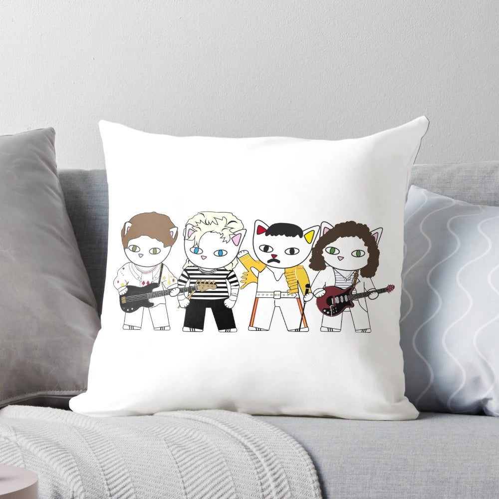 Cute cat-themed pillow featuring a playful rock band design