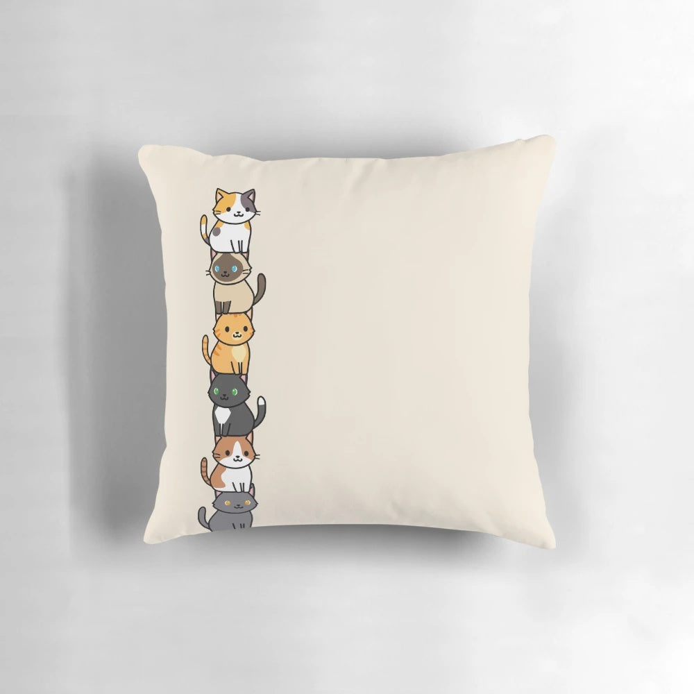 Soft, plush throw pillow featuring a cute, colorful design of cats and kittens in a variety of styles and colors.