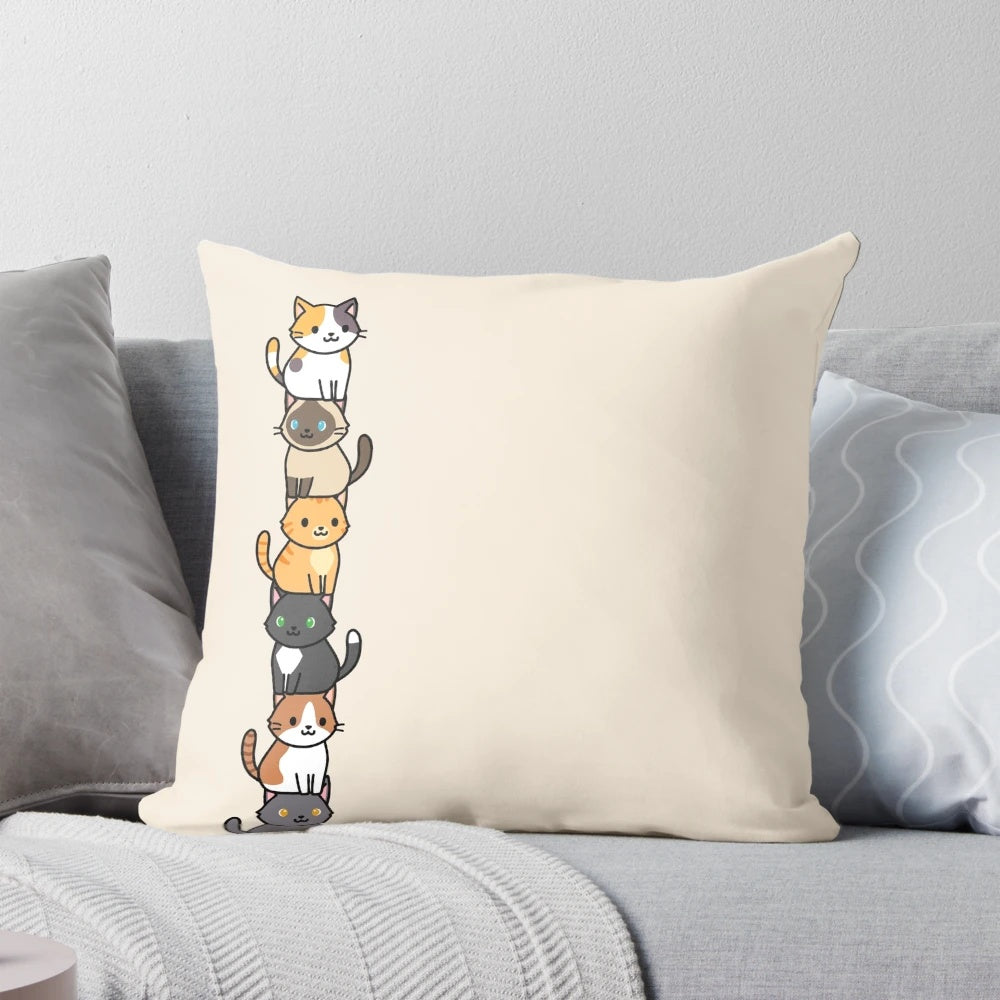 Soft, plush throw pillow featuring a cute, colorful design of cats and kittens in a variety of styles and colors.