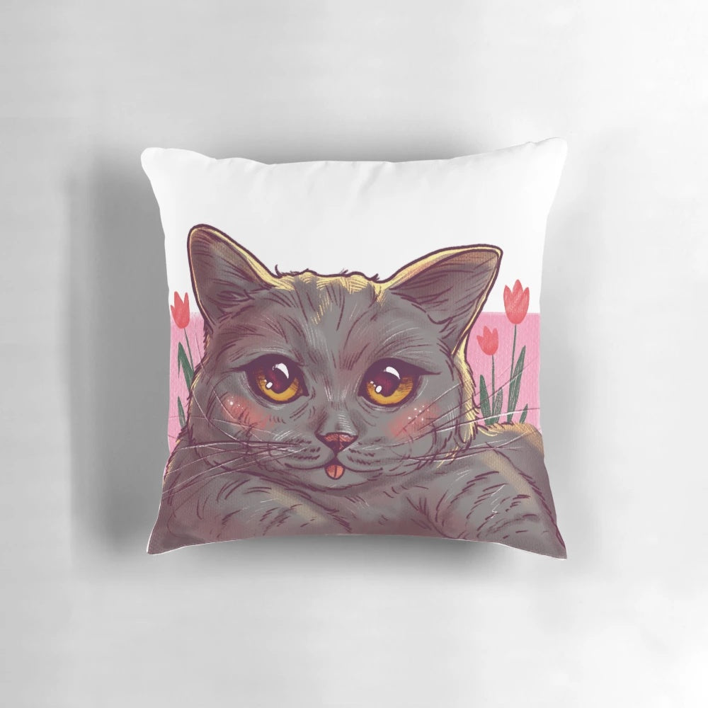 Soft and cozy throw pillow featuring a cute gray cat surrounded by pink and red tulips