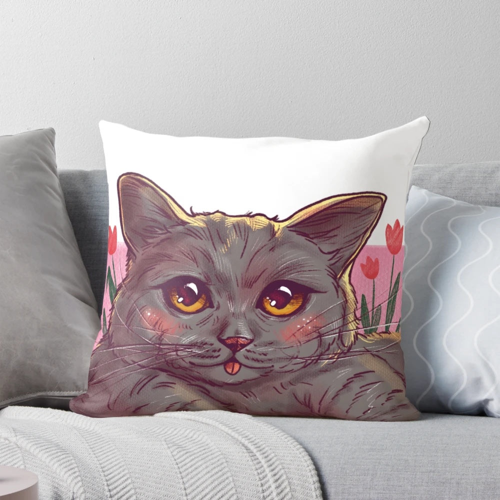Soft and cozy throw pillow featuring a cute gray cat surrounded by pink and red tulips