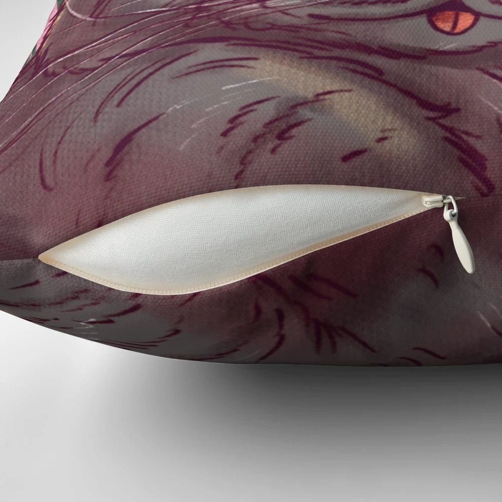 Soft and cozy throw pillow featuring a cute gray cat surrounded by pink and red tulips