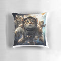 Whimsical pillow featuring cute cats floating in outer space