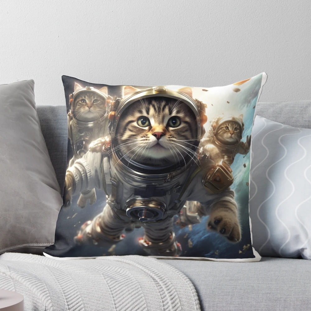 Whimsical pillow featuring cute cats floating in outer space