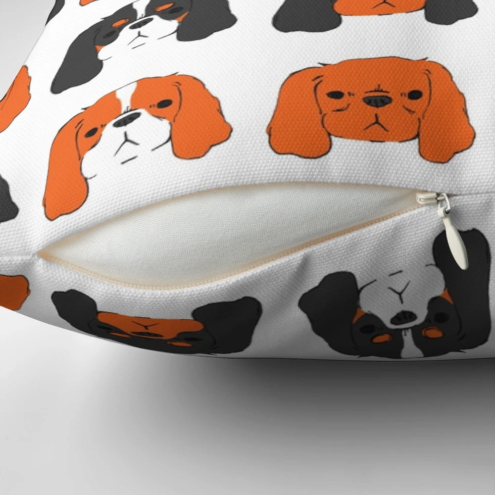 A plush, soft pillow featuring a cute Cavalier King Charles Spaniel in Blenheim, tri-color, ruby, and black and tan coat patterns.