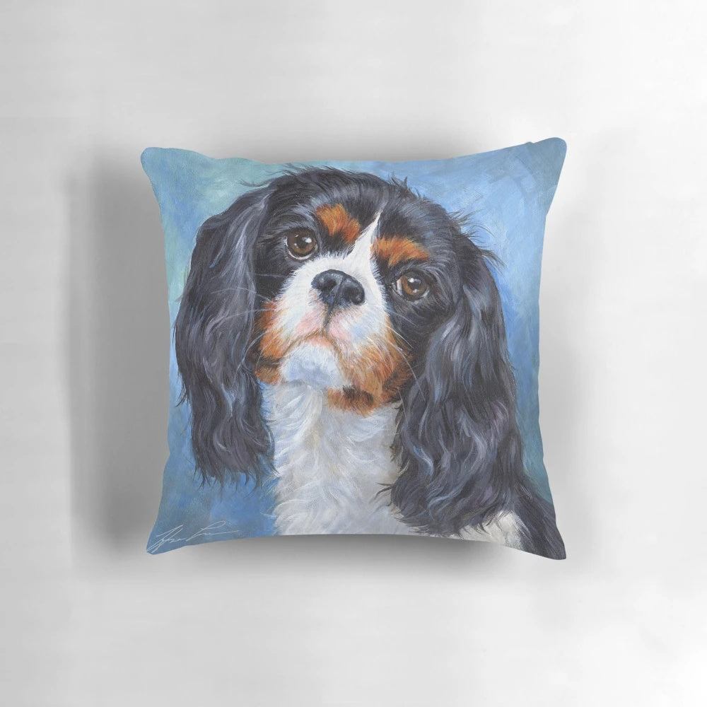 Soft, plush Cavalier King Charles Spaniel pillow featuring a sweet and playful dog painting.