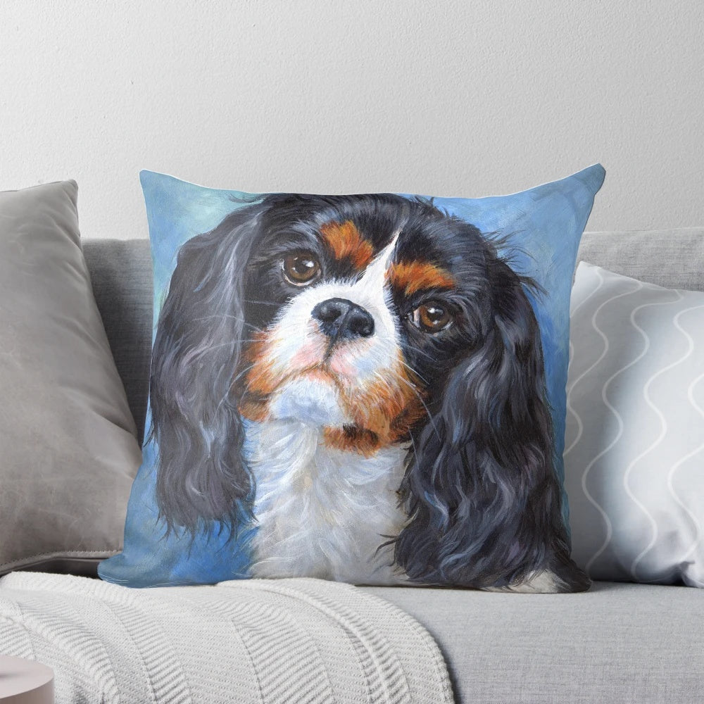 Soft, plush Cavalier King Charles Spaniel pillow featuring a sweet and playful dog painting.