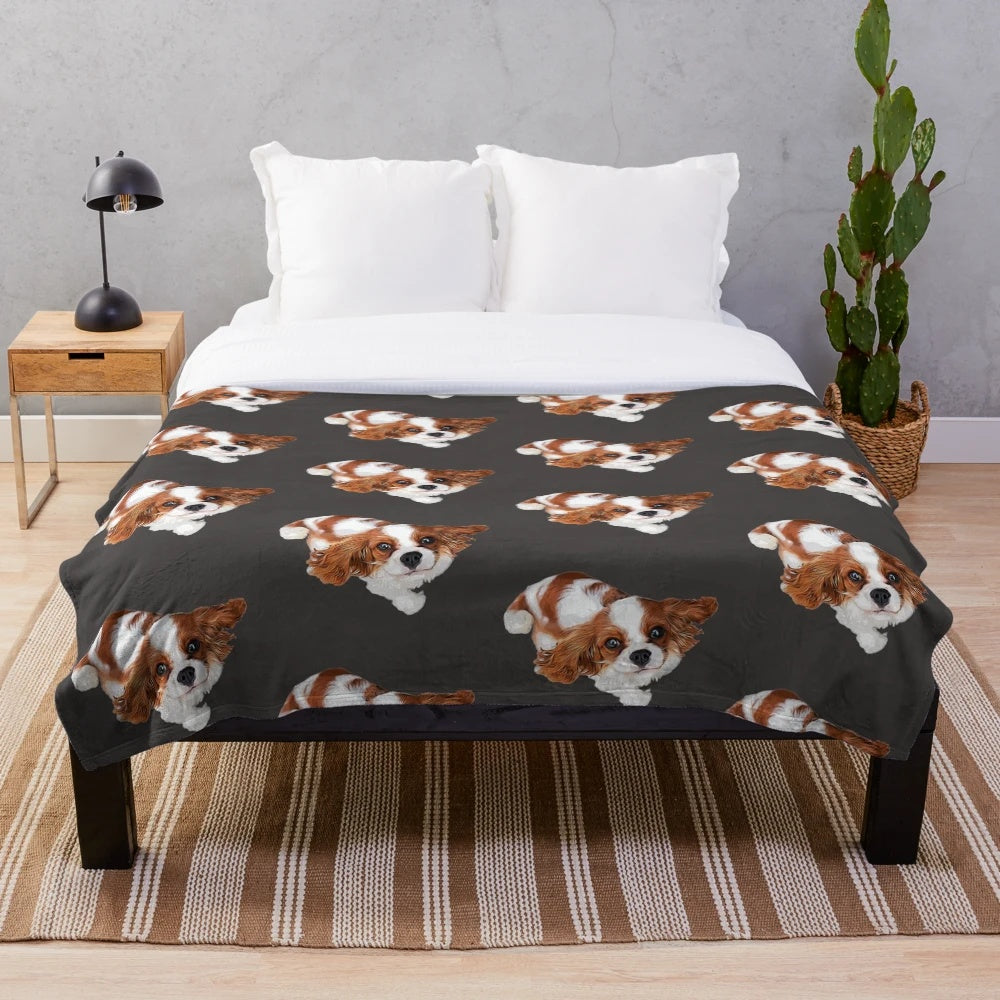 Cute Cavalier King Charles Spaniel puppy on a plush blanket