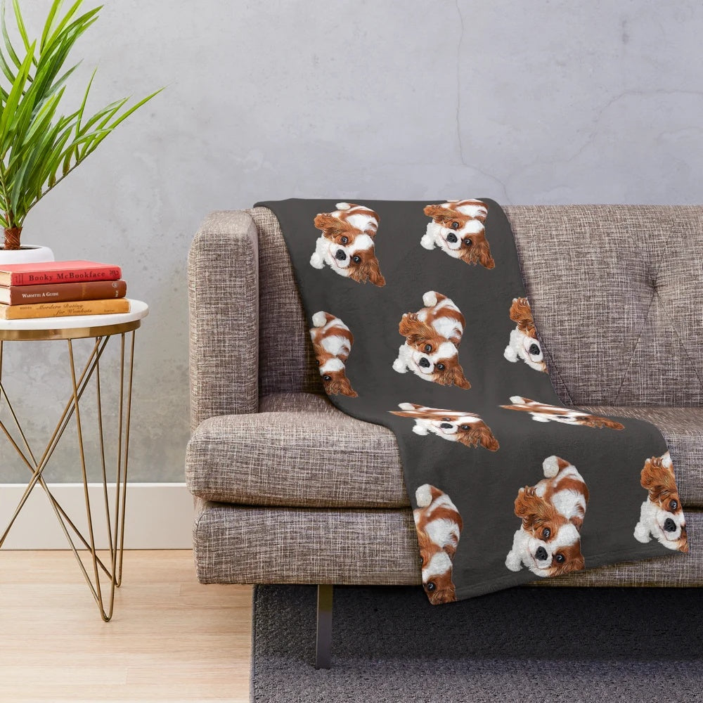 Cute Cavalier King Charles Spaniel puppy on a plush blanket