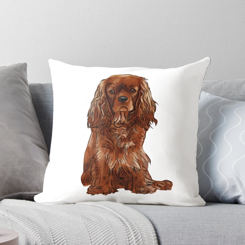 Soft, plush pillow featuring a cute and cuddly Cavalier King Charles Spaniel in a ruby color