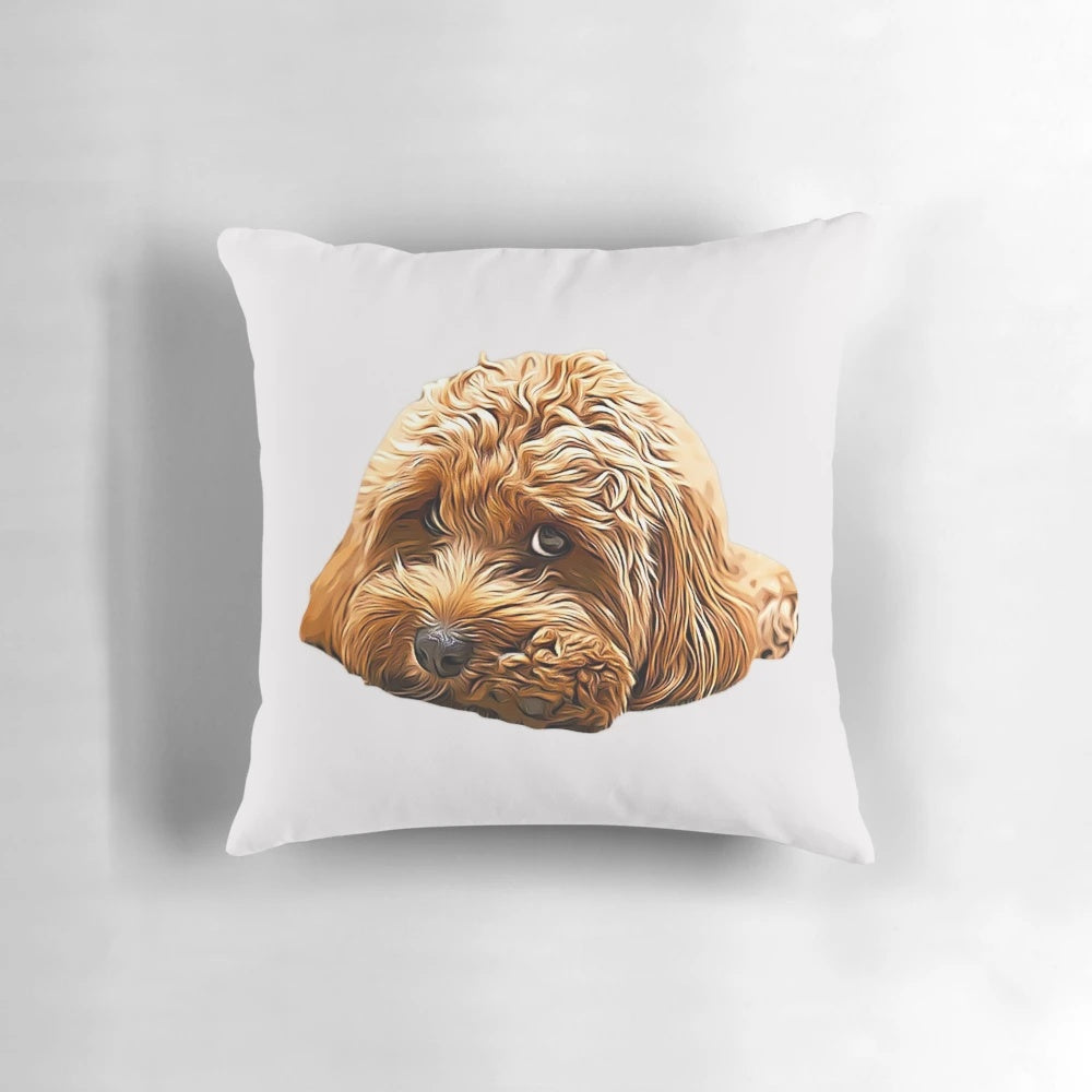 Soft, cuddly pillow featuring an adorable Cavapoo, Cavoodle, or Cockerpoo poodle mix puppy design.