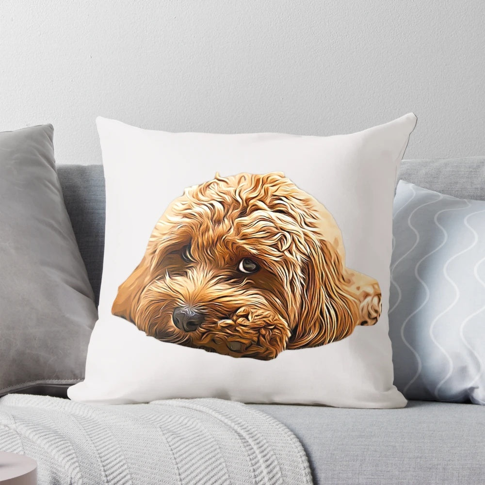 Soft, cuddly pillow featuring an adorable Cavapoo, Cavoodle, or Cockerpoo poodle mix puppy design.