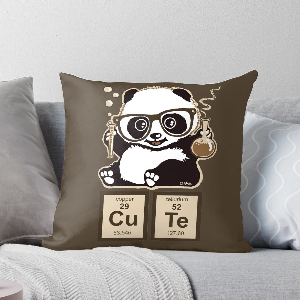 Cute and cuddly chemistry panda plush pillow featuring the periodic table elements