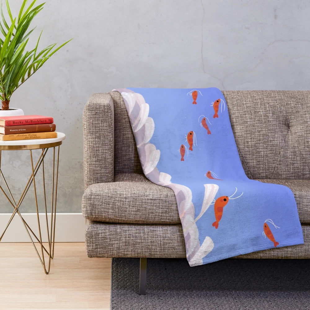 Cherry shrimp plush blanket with underwater scene featuring tropical fish and flora