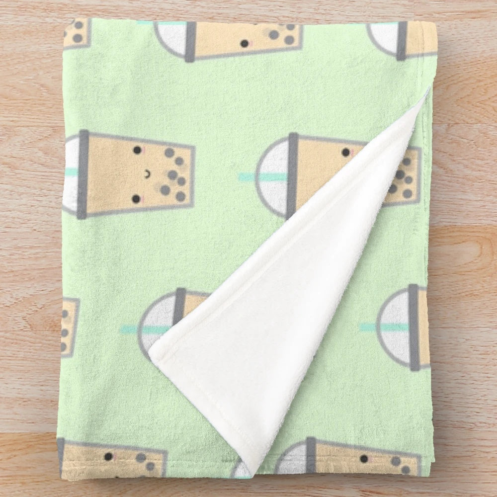Cute chibi bubble tea plush blanket with straw and tapioca pearls