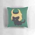 Soft and cuddly pillow featuring a cute, chibi-style black cat design inspired by the Norse god Loki
