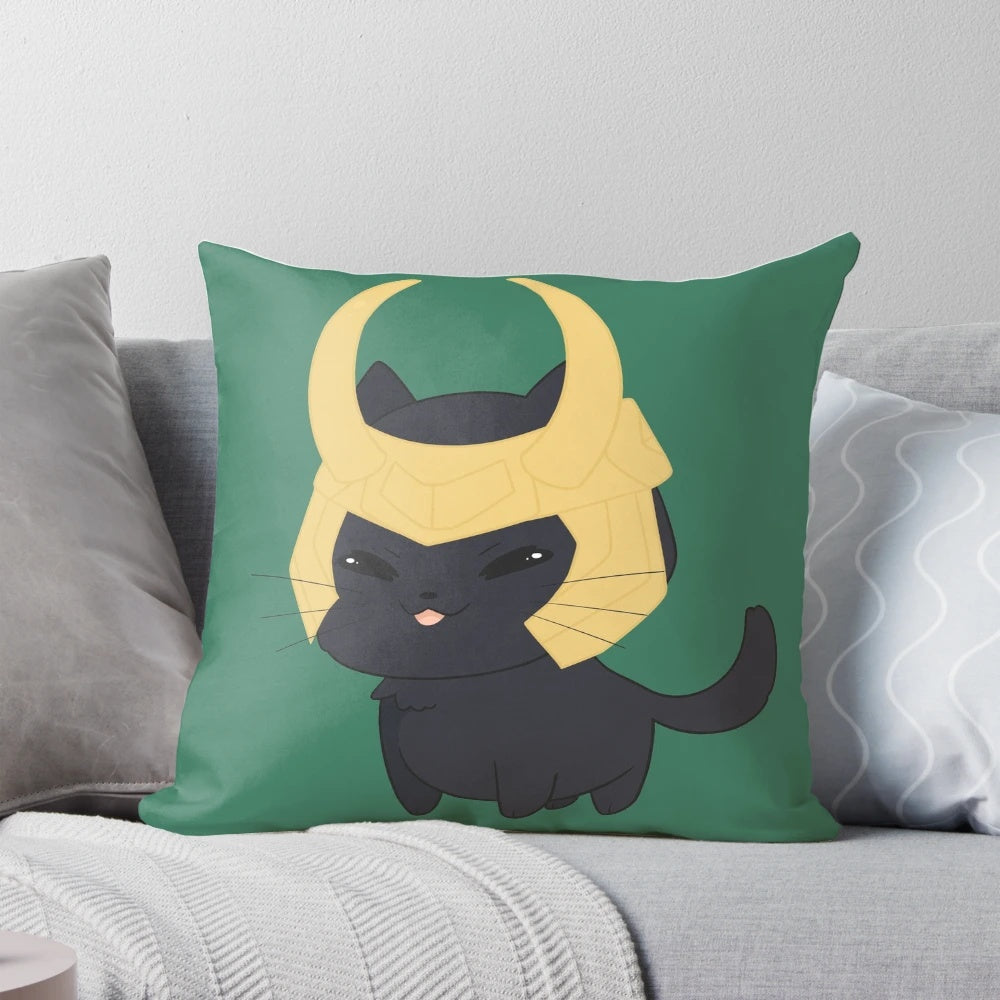 Soft and cuddly pillow featuring a cute, chibi-style black cat design inspired by the Norse god Loki