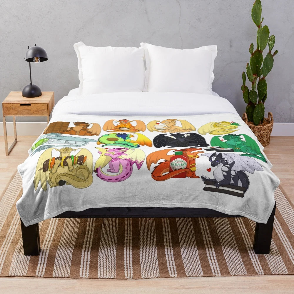 Cozy chibi dragon plush blanket with various food items