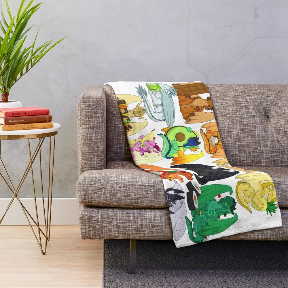 Cozy chibi dragon plush blanket with various food items