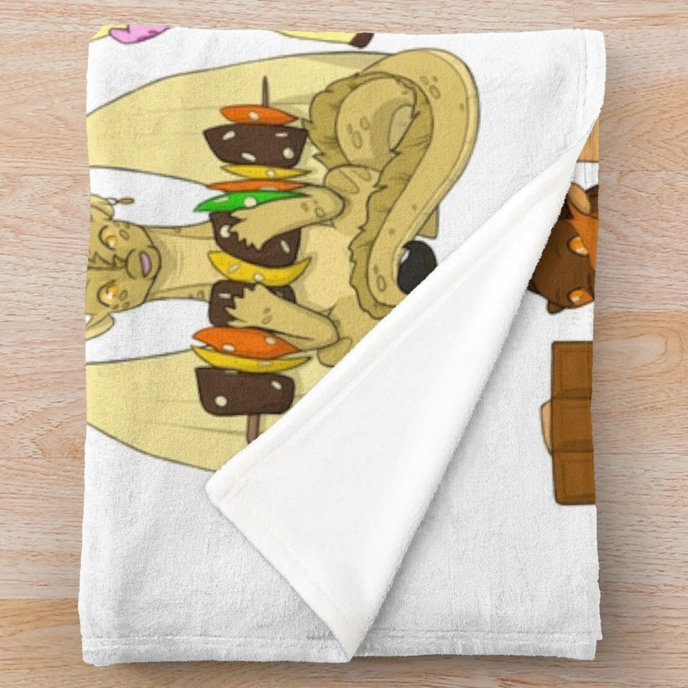 Cozy chibi dragon plush blanket with various food items