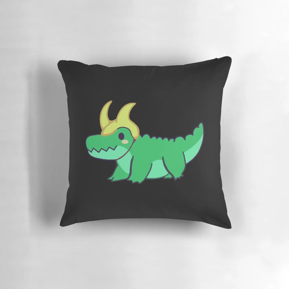 Cute chibi-style plush pillow in the shape of a green crocodile, featuring the Marvel character Loki