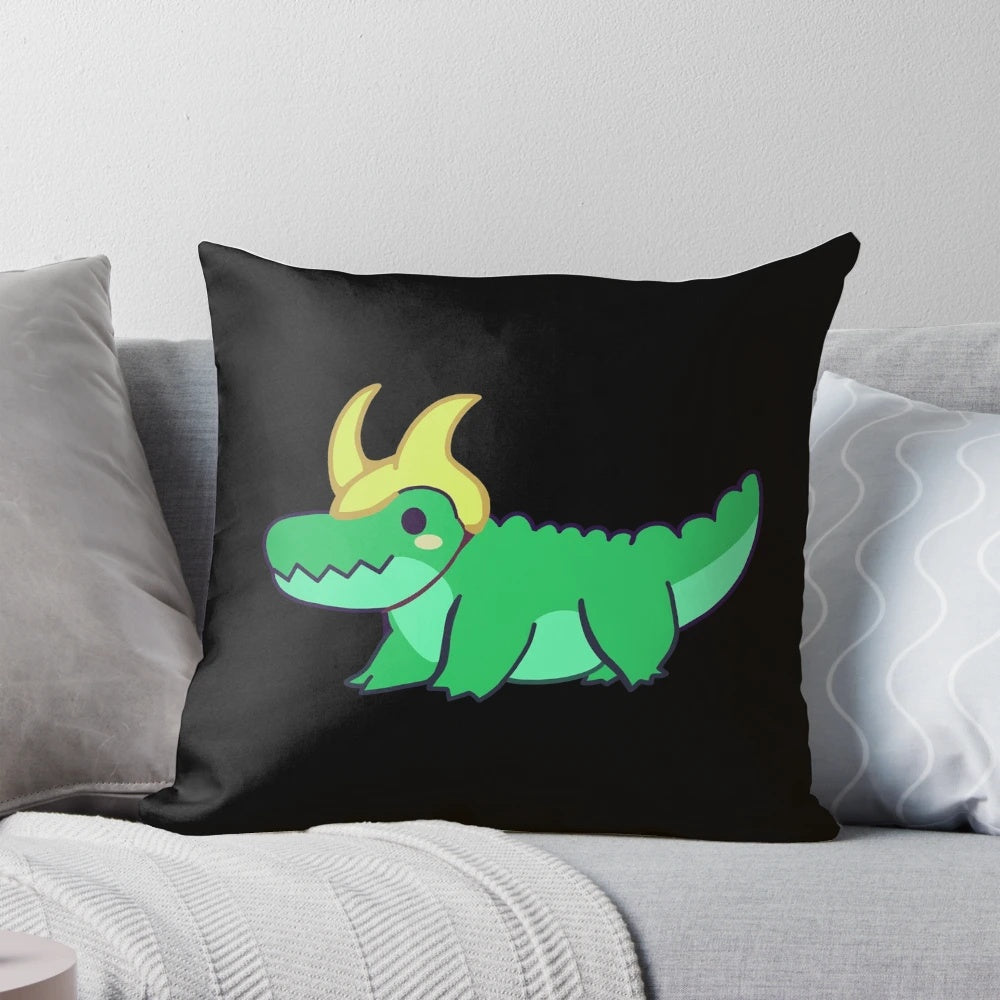 Cute chibi-style plush pillow in the shape of a green crocodile, featuring the Marvel character Loki