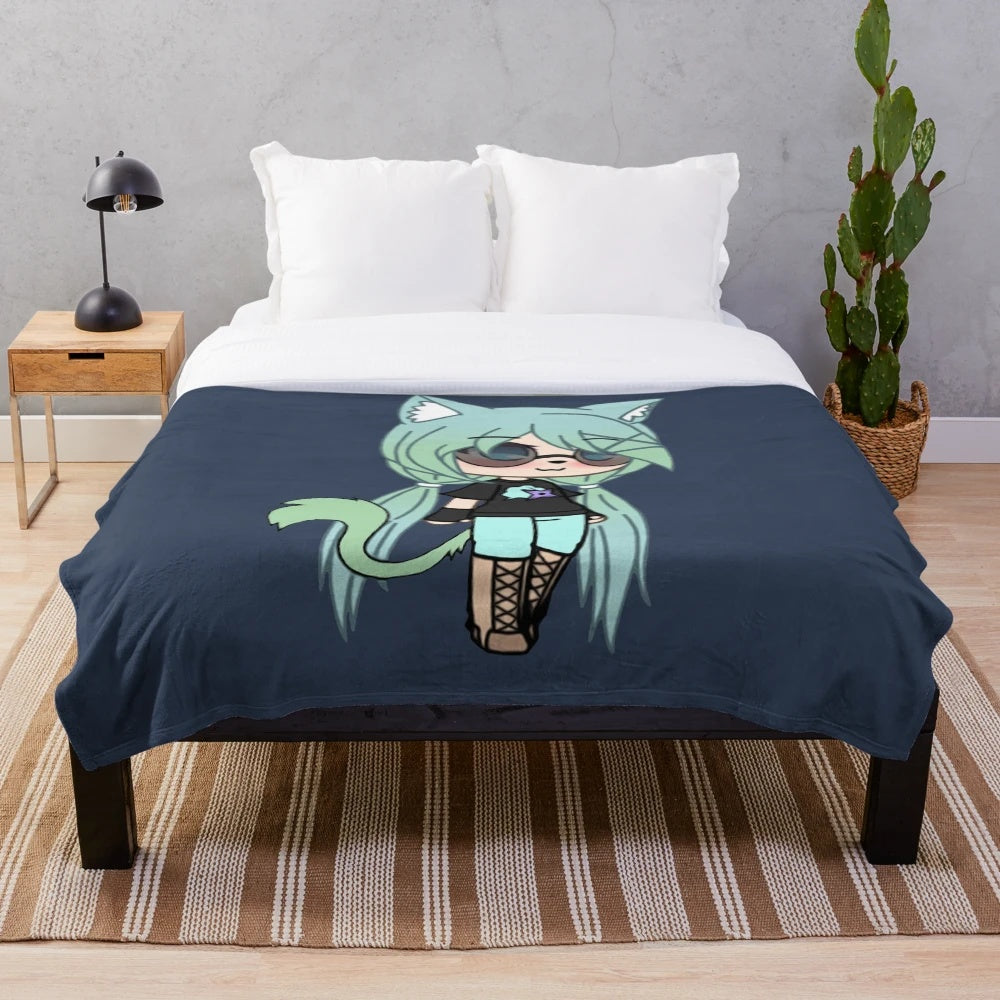 Cozy plush blanket featuring a cute chibi anime-style tomboy character
