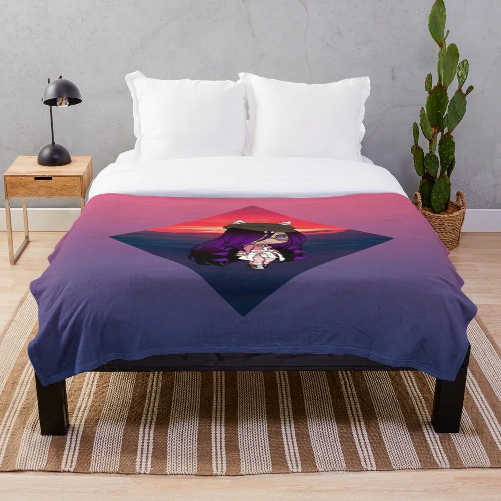 Cute plush blanket featuring an anime-inspired chibi girl design with a vibrant sunset background