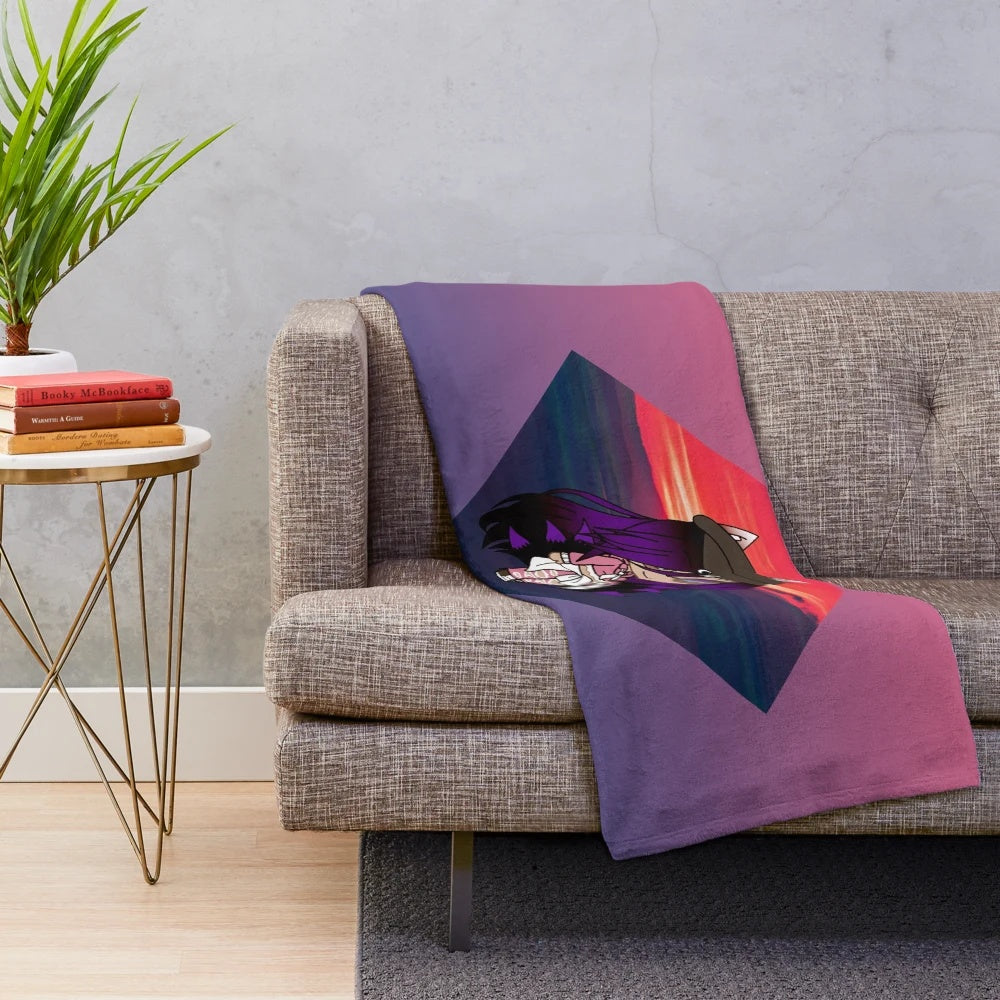 Cute plush blanket featuring an anime-inspired chibi girl design with a vibrant sunset background
