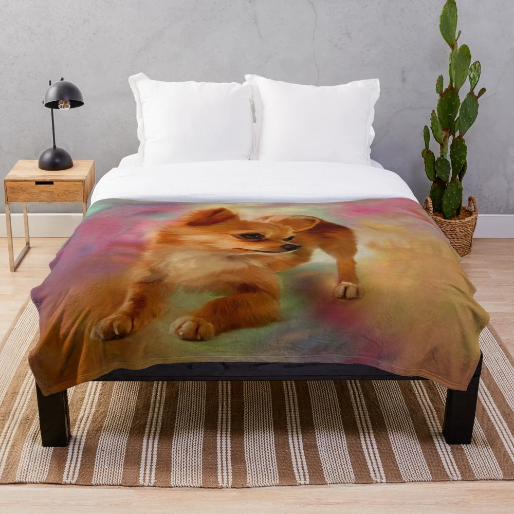 Cute chihuahua mixed media plush blanket with watercolor and pastel elements