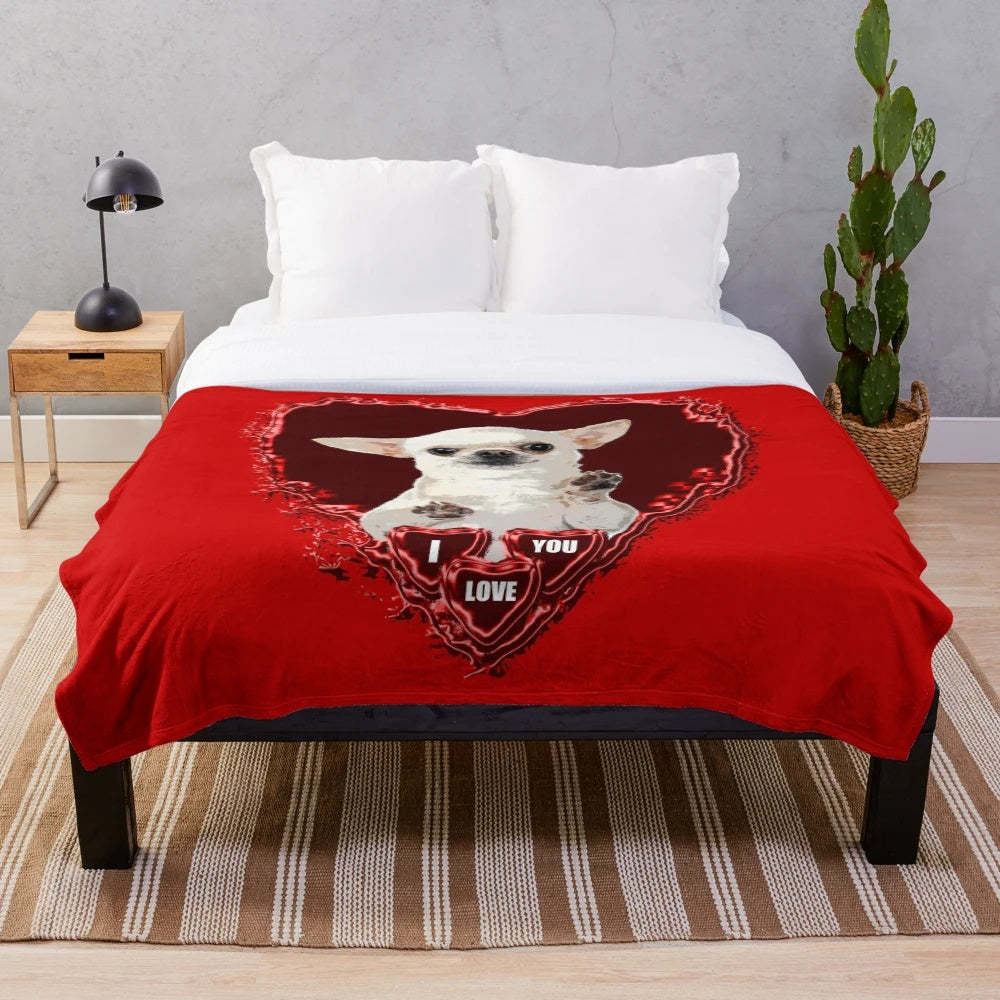 Chihuahua plush blanket with heart design for Valentine's Day