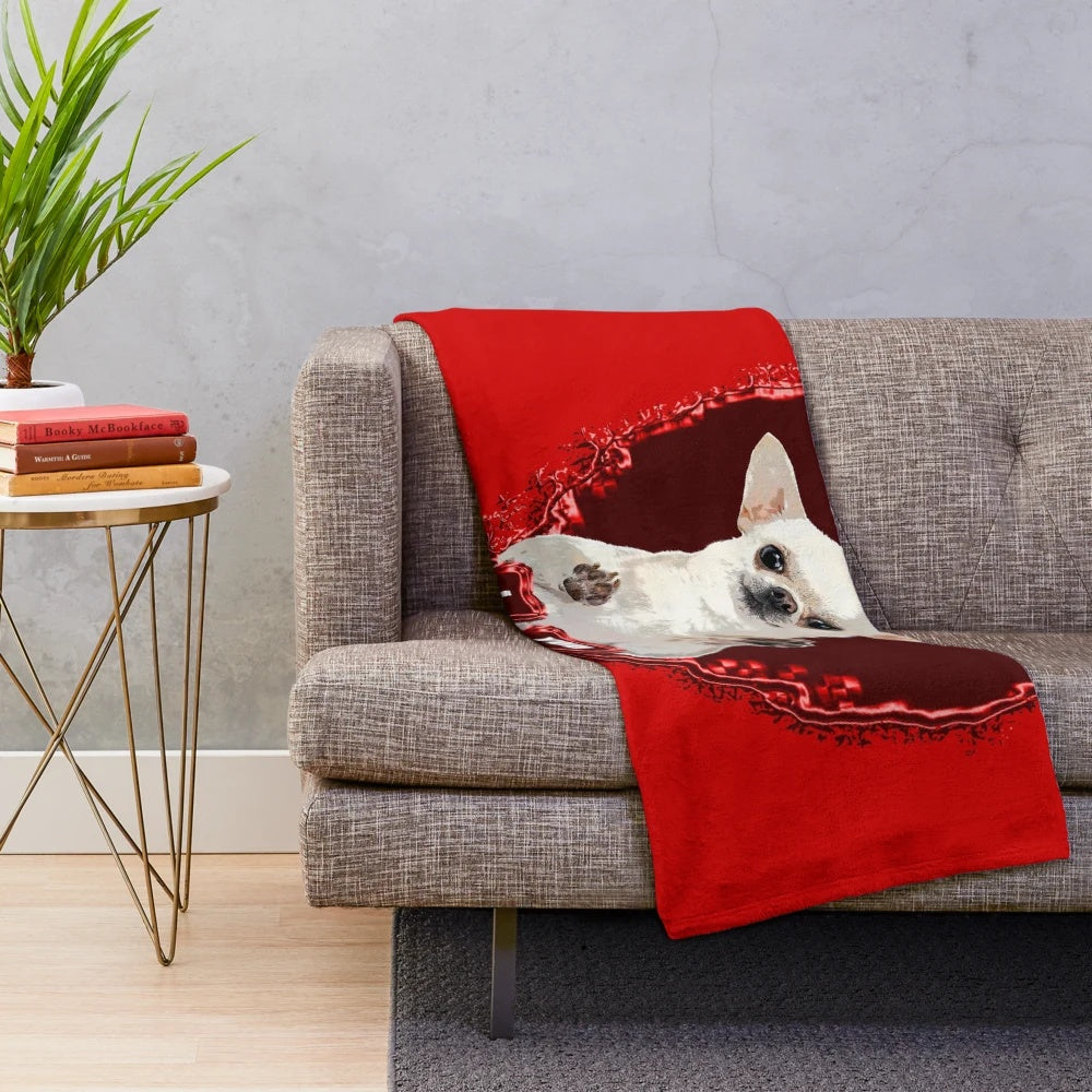 Chihuahua plush blanket with heart design for Valentine's Day