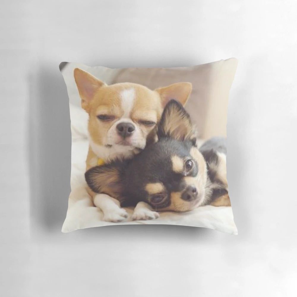 Two cute Chihuahua puppies in a photograph printed on a decorative pillow