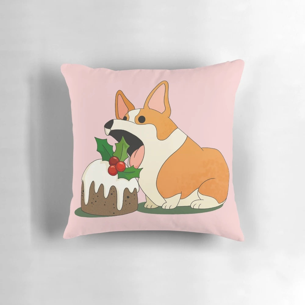 Cute and playful Christmas-themed Corgi dog pillow with a festive, digital art design