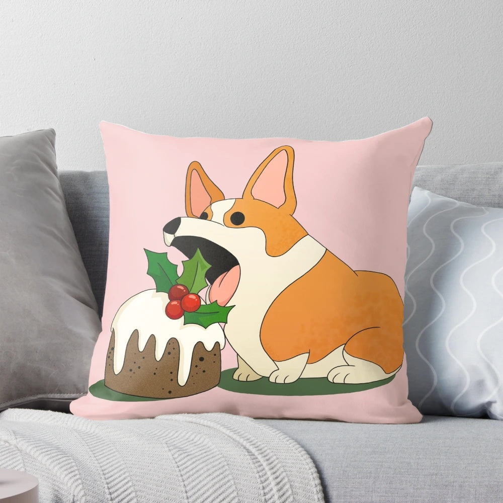 Cute and playful Christmas-themed Corgi dog pillow with a festive, digital art design