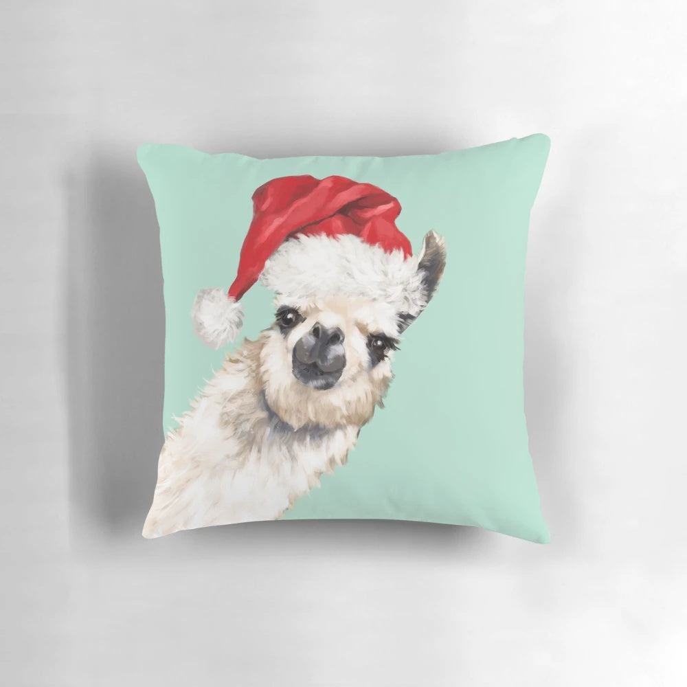 Soft, cuddly Christmas llama pillow in a cheerful green color