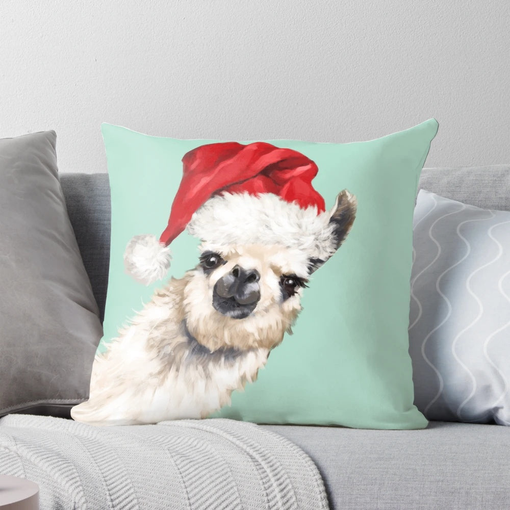 Soft, cuddly Christmas llama pillow in a cheerful green color