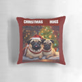 A soft, plush pillow featuring a cute pug in a Christmas hat hugging a heart