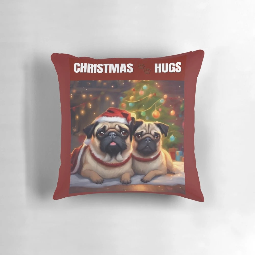 A soft, plush pillow featuring a cute pug in a Christmas hat hugging a heart