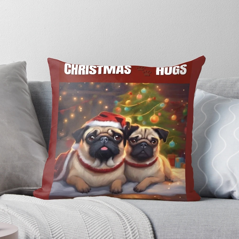 A soft, plush pillow featuring a cute pug in a Christmas hat hugging a heart