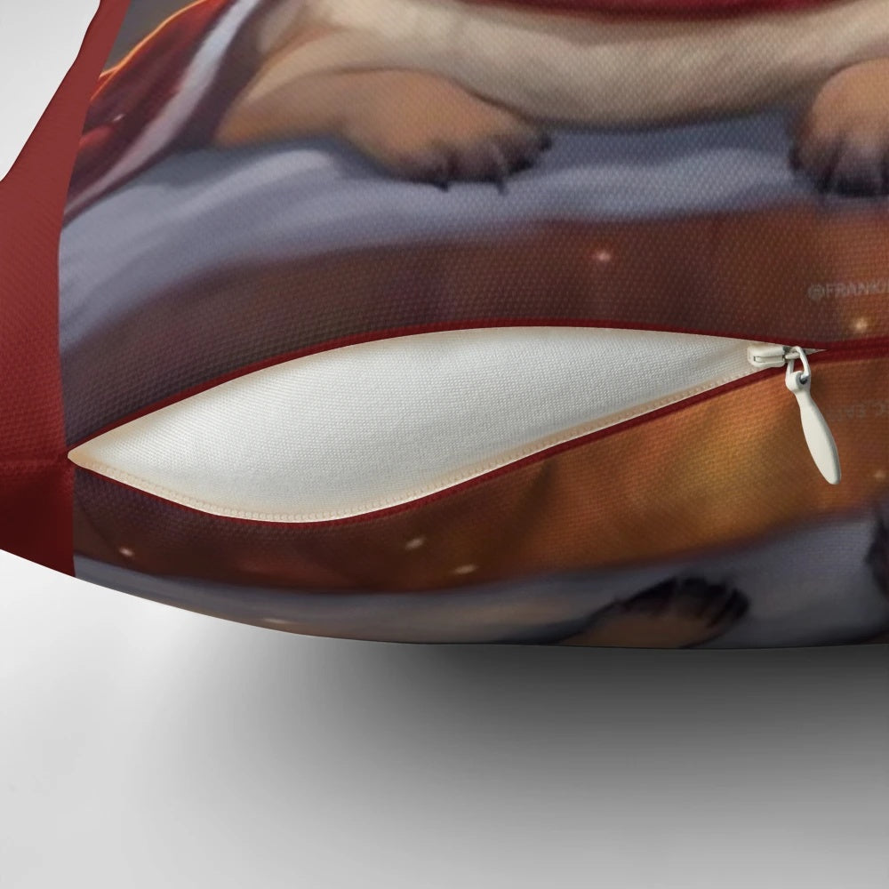 A soft, plush pillow featuring a cute pug in a Christmas hat hugging a heart