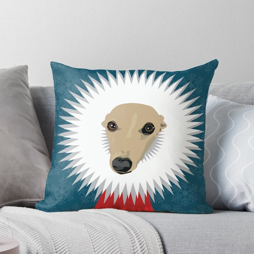 Festive Christmas Whippet Pillow with Ruff Design