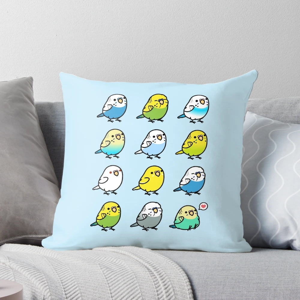 Soft, plush pillow featuring a cute, chubby parakeet or budgie design