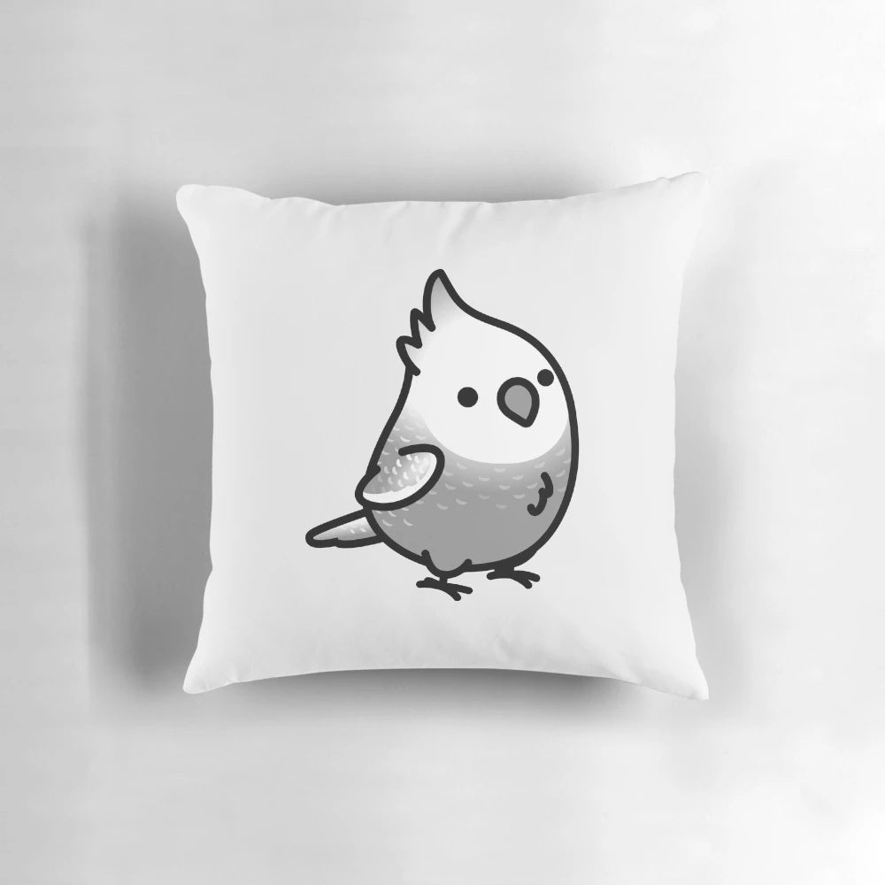 Soft, plush pillow in the shape of a white-faced pearl cockatiel, a beloved pet bird.