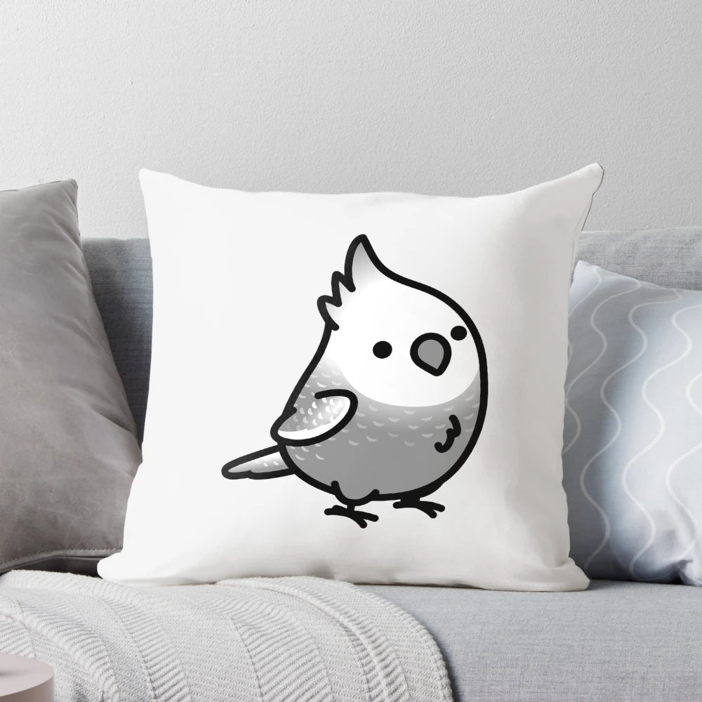 Soft, plush pillow in the shape of a white-faced pearl cockatiel, a beloved pet bird.