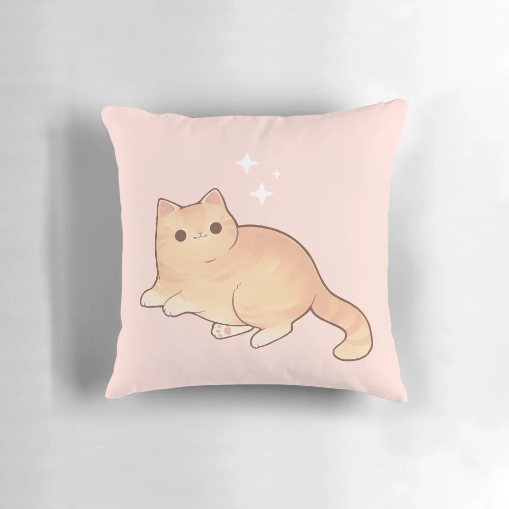 A plush, chubby cat pillow with a cute, kawaii design in pastel colors.