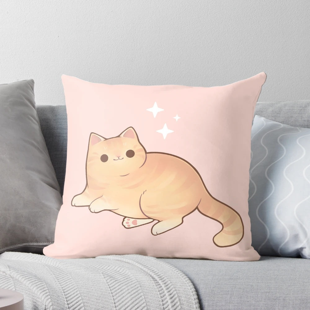 A plush, chubby cat pillow with a cute, kawaii design in pastel colors.