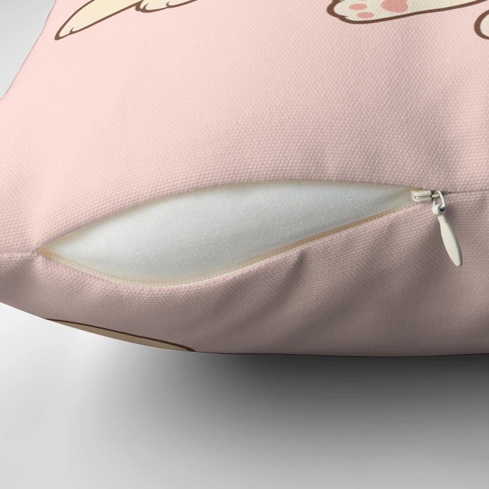 A plush, chubby cat pillow with a cute, kawaii design in pastel colors.