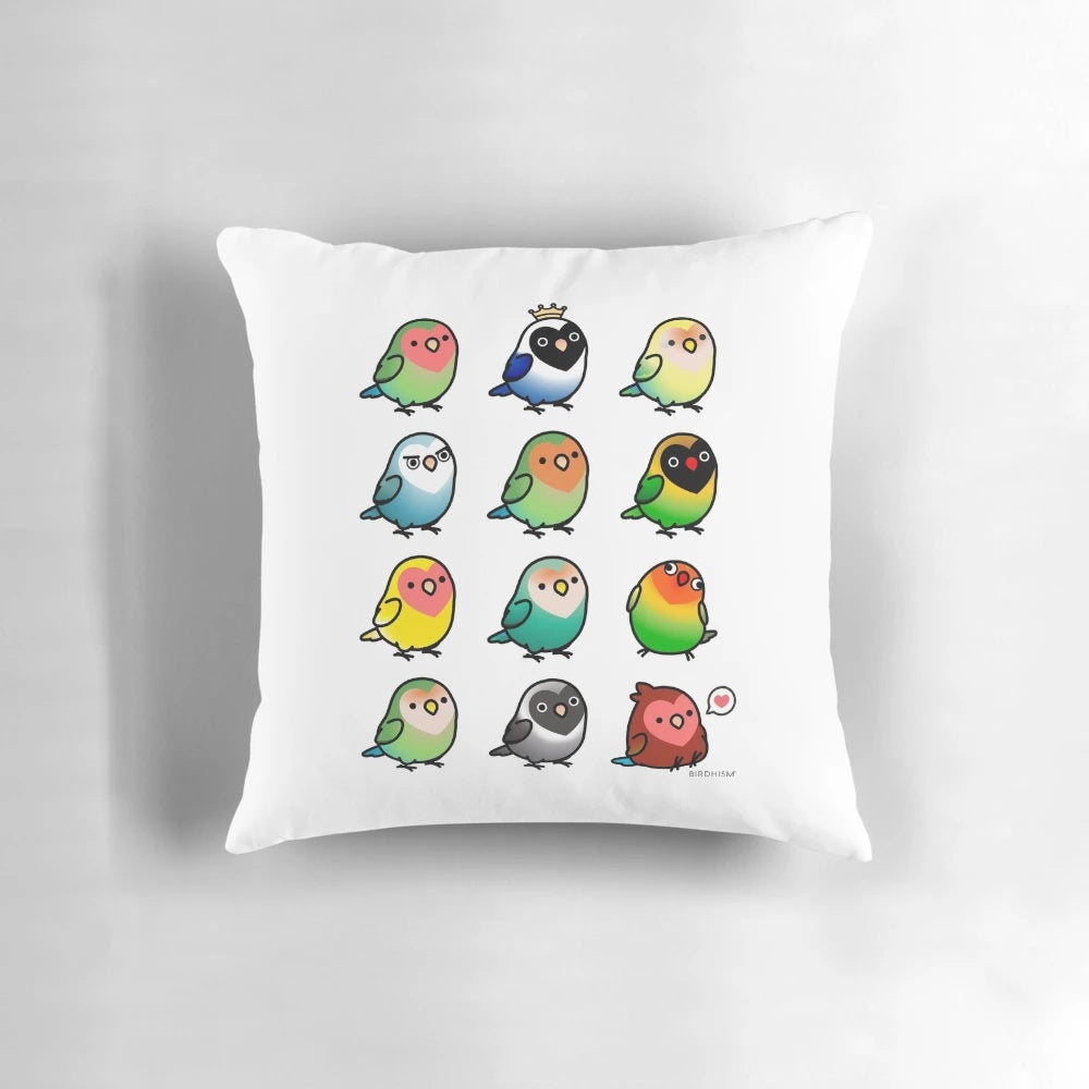Soft and cuddly pillow featuring two chubby lovebirds in a natural setting