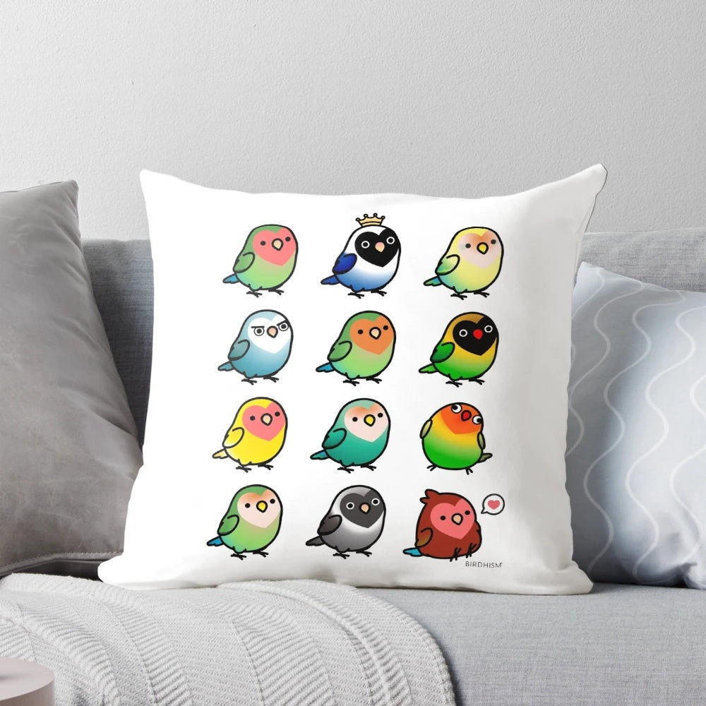 Soft and cuddly pillow featuring two chubby lovebirds in a natural setting